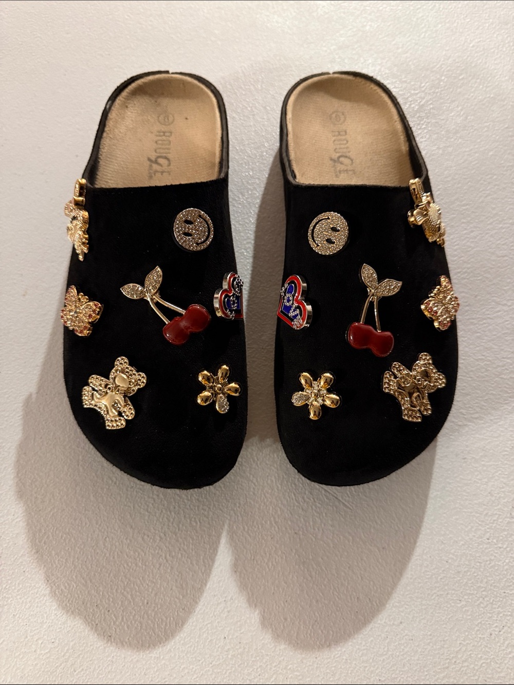 Rouge! Black Embellished Slip-On Clogs with Gold Charms